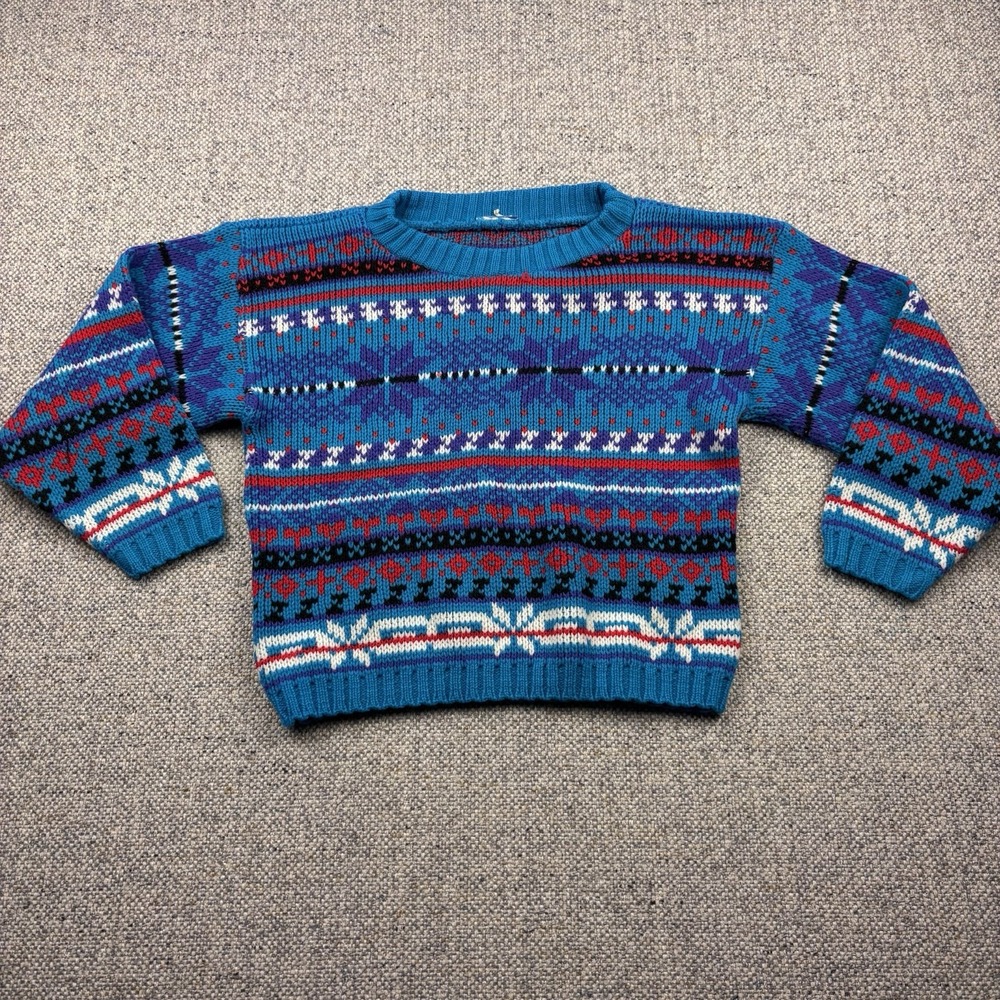 Fair Isle Knit Geometric Pullover Sweater Blue Red Cosby Unisex Holiday